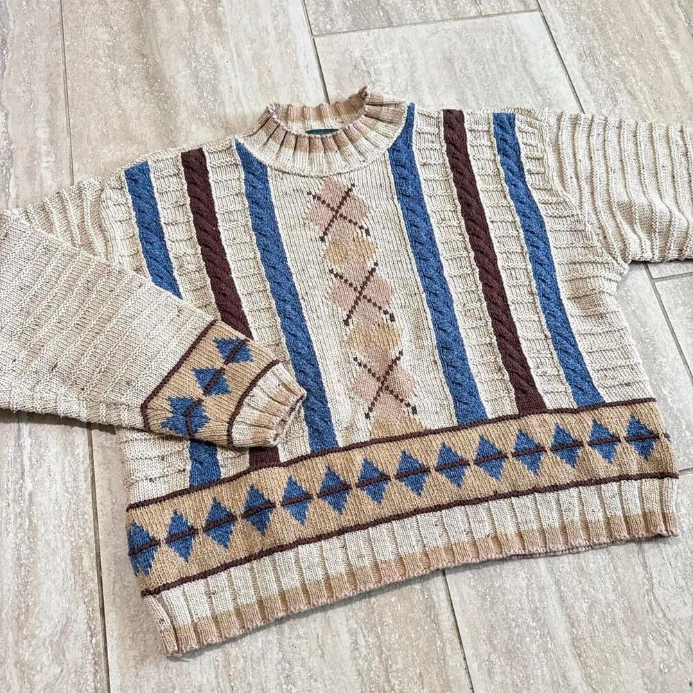 Vintage 90s Argyle Mock Neck Sweater Chunky Cable Knit Grandpa Core Goblincore